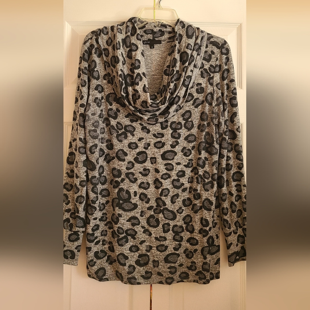 Gibson Gray Leopard Print Cowl Neck Sweater